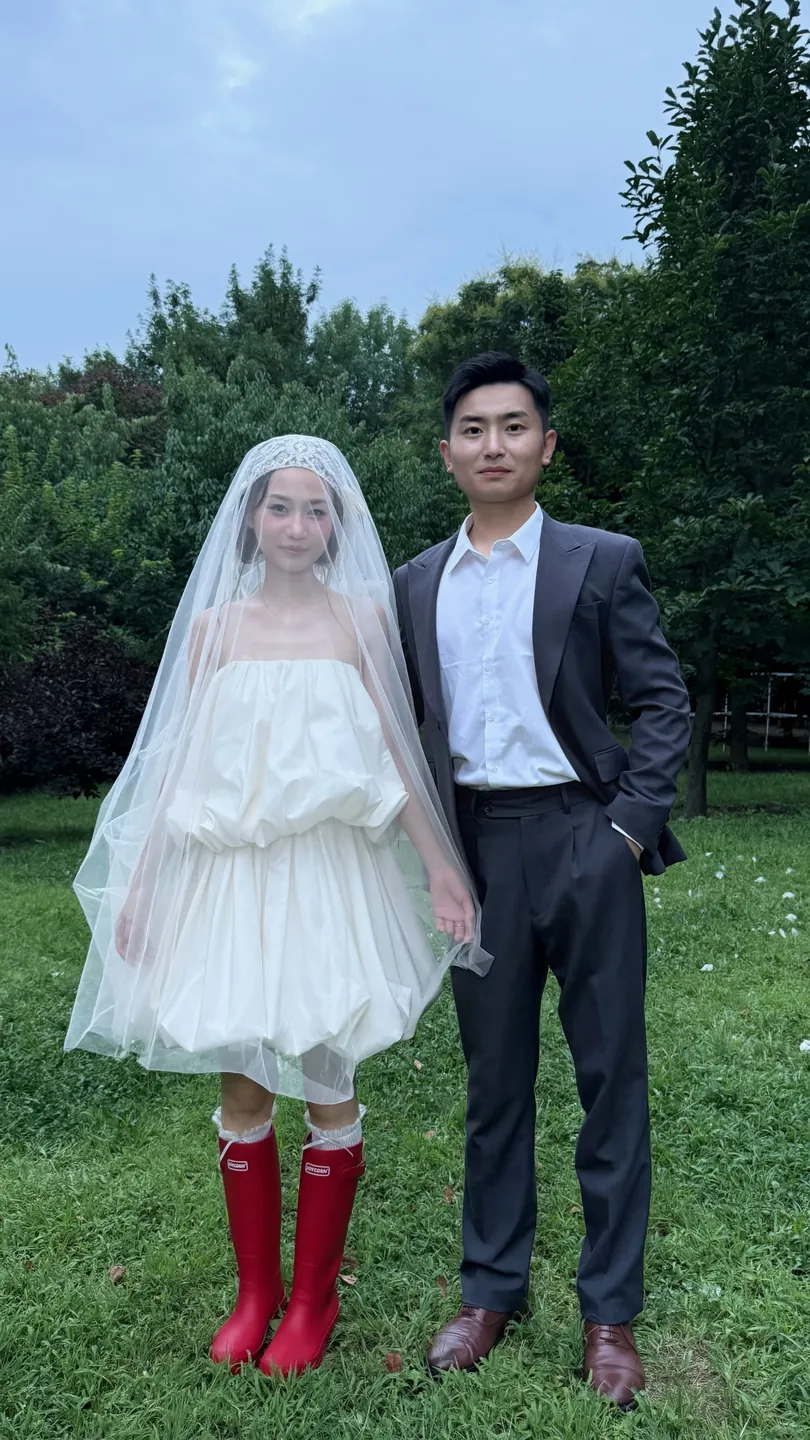 唐顺鹏与闫一帆在树荫下牵手，新娘穿着红色雨靴