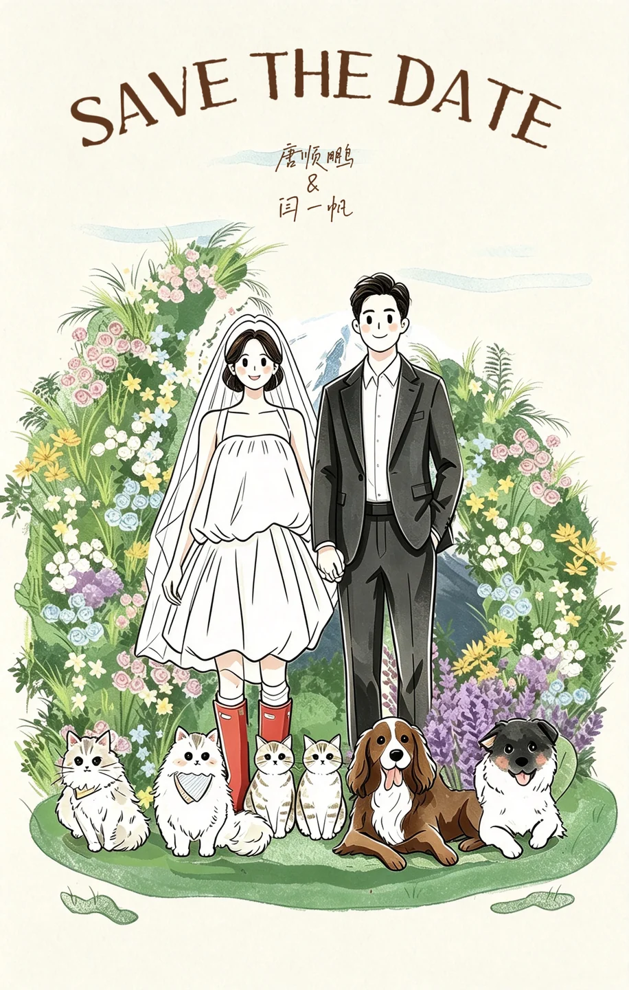 写有唐顺鹏与闫一帆姓名的花园婚礼插画，身边围着猫咪和狗狗